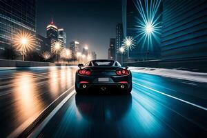 Car on the road at night with cityscape background. Concept of speed and motion photo