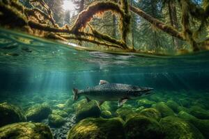 Underwater shot of a salmon swimming in the ocean with algae photo