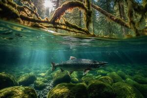 Underwater shot of a salmon swimming in the ocean with algae photo