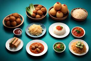 Indian food set on turquoise background. Assorted indian food. photo