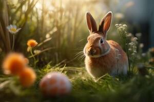 Conejo y Pascua de Resurrección huevos en el césped. Pascua de Resurrección concepto. ai generado foto
