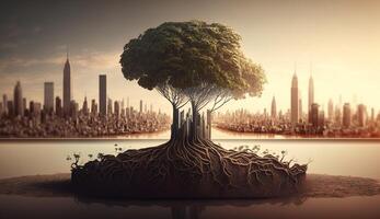 Conceptual image of green tree with roots and city in background photo