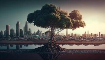 paisaje urbano con un grande árbol en el apuntalar ai generado foto