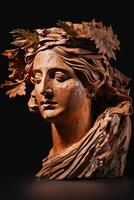 Wooden sculpture of a woman with autumn leaves on her head photo