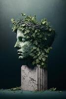 of an old statue with ivy on its head photo