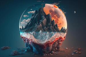 Fantasy landscape mountains in the form of a glass sphere AI Generated photo