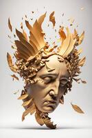 Golden sculpture head with wings floating on white background photo