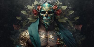 A man with a blue skull mask and flowers on his face photo