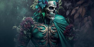 Gothic man with skull costume and flowers. Halloween concept photo