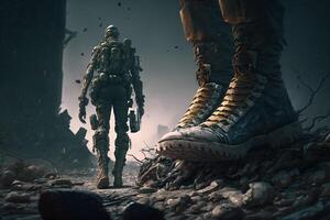 A cyborg stands on a pile of rubble with a pair of boots on it photo