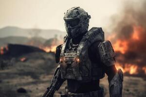 A soldier in a futuristic suit stands in front of a burning fire photo