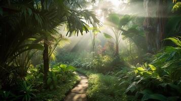 luz de sol en el verde tropical jardín. hermosa naturaleza antecedentes con rayos de sol ai generado foto