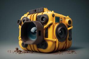 A yellow camera with a black speaker on the top. photo