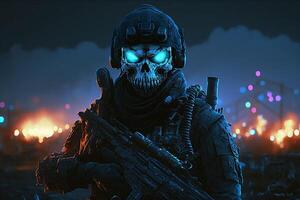 A soldier with a skull and blue eyes stands in a dark night photo