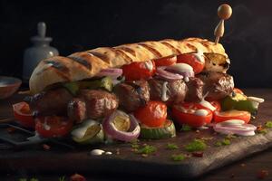 Grilled shish kebab with vegetables on a wooden board photo