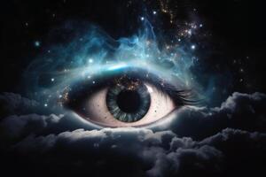 An eye made of clouds with a universe background created with technology. photo