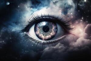 An eye made of clouds with a universe background created with technology. photo