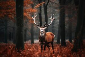 un majestuoso ciervo en frente de un bosque creado con generativo ai tecnología. foto