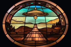 A stained glass scene of a UFO landing created with technology. photo