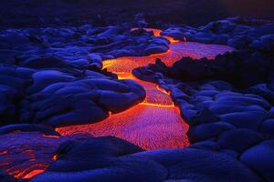 A luminous magma flow in a lava field created with technology. photo