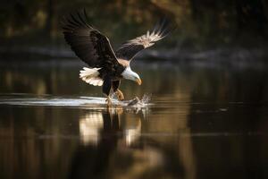 un águila en vuelo atrapando pescado desde un lago creado con generativo ai tecnología. foto