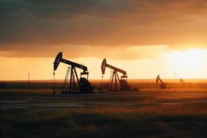 A field of oil wells pumping oil out of the ground created with technology. photo