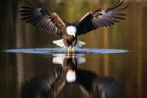 un águila en vuelo atrapando pescado desde un lago creado con generativo ai tecnología. foto