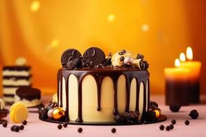 Birthday cake with pouring chocolate on a yellow background created with technology. photo