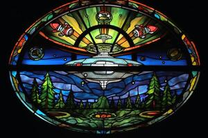 A stained glass scene of a UFO landing created with technology. photo