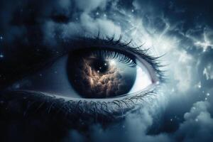 An eye made of clouds with a universe background created with technology. photo