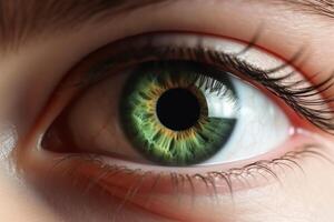cerca arriba ver a un de colores humano ojo creado con generativo ai tecnología. foto