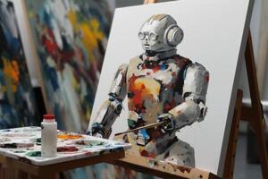 AI robot is painting an artwork created with technology. photo