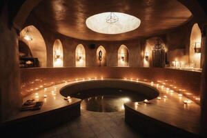 A luxury spa area with a huge bathtub and candle light created with technology. photo