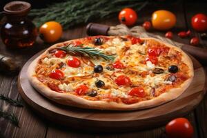 Delicious pizza with lots of melted cheese created with technology. photo