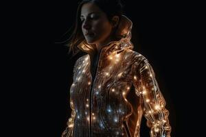 A female model wearing a jacket made of light created with technology. photo