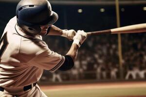 A Baseball player hitting a perfect home run created with technology. photo