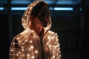 A female model wearing a jacket made of light created with technology. photo