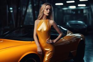 A sexy woman in an elegant dress standing next to a sports car created with technology. photo