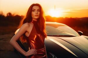 A sexy woman in an elegant dress standing next to a sports car created with technology. photo