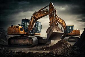 Group of excavator working on a construction site photo