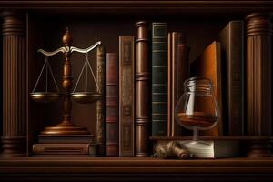 Gavel, scale and law books in the bookshelf photo