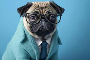 gracioso doguillo perro vistiendo lentes con traje en el azul antecedentes ai generado foto
