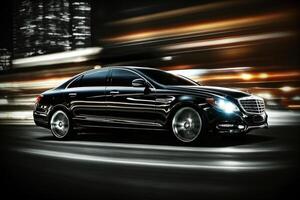 Front side view of black luxury sedan in turn, Fast Blur Background photo