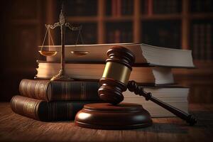 Judge gavel and law books in court, law and justice background concept photo