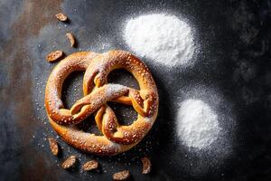 Fresh baked homemade pretzel with sea salt Classic beer snack. Top view flat lay photo