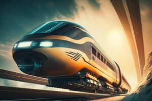 futuristic modern train, monorail fast driving in sci fi tunnel, coridor. Concept of future photo