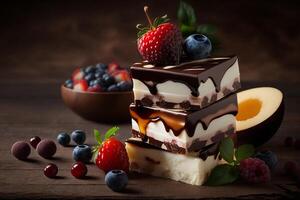 Stack of white, milk, dark chocolate, nuts, caramel, fruits, berries on wooden photo