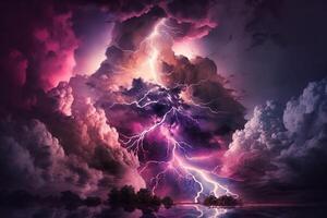 lightning and stormy grey and pink clouds background photo