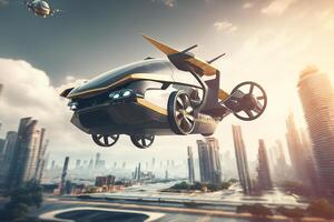 Air Vehicle Flying Above The Cityscape, Flying Car Of The Future, Air Car Concept photo