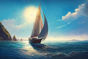 Sailing lboat at open sea in sunshine photo